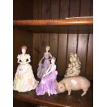 A mixed lot of pottery ornaments comprising three Coalport figurines, an Aynsley pig and a model