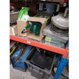 A group of boxed tools, equipment, gardening tools, sprayer, MIG welder, planes, woodworking