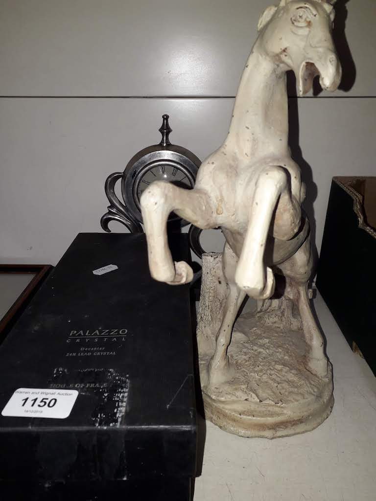 A box glass decanter, clock and horse figure