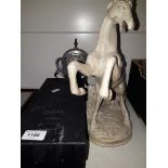 A box glass decanter, clock and horse figure