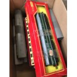 A box containing 10 Triang Hornby carriages, diesel engine
