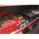 3 tool boxes to include a metal one, all with contents and 2 boxes of misc tools and wood & tin