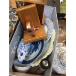 Small box of pottery, book ends etc.