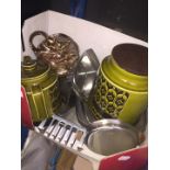 Box containing storage jars, stainless steel teaware etc