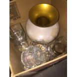 A box of mainly clear glass vases and bowls and a large coloured glass vase.