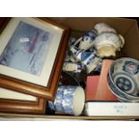 A mixed box of china and pictures etc