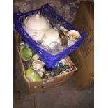 2 boxes of misc glass, mugs, kitchenware, ornaments, etc.