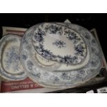 A crate of blue and white platters