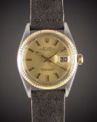 A GENTLEMAN'S STEEL & GOLD ROLEX OYSTER PERPETUAL DATEJUST WRIST WATCH CIRCA 1973, REF. 1601 WITH "