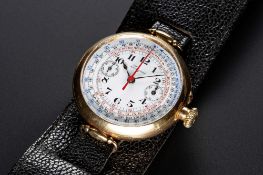A RARE GENTLEMAN'S 18K SOLID GOLD LONGINES MONO-PUSHER CHRONOGRAPH WRIST WATCH DATED 1917, WITH