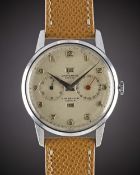 A RARE GENTLEMAN'S LARGE SIZE NICKEL CHROME UNIVERSAL GENEVE TRIPLE CALENDAR WRIST WATCH CIRCA