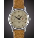 A RARE GENTLEMAN'S LARGE SIZE NICKEL CHROME UNIVERSAL GENEVE TRIPLE CALENDAR WRIST WATCH CIRCA