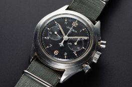 A RARE GENTLEMAN'S STAINLESS STEEL BRITISH MILITARY ROYAL NAVY LEMANIA "DOUBLE BUTTON" CHRONOGRAPH