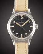 A RARE GENTLEMAN'S STAINLESS STEEL UNISSUED BRITISH MILITARY OMEGA RAF PILOTS WRIST WATCH CIRCA