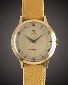A GENTLEMAN'S LARGE SIZE 18K SOLID ROSE GOLD OMEGA AUTOMATIC WRIST WATCH CIRCA 1952, WITH TWO TONE