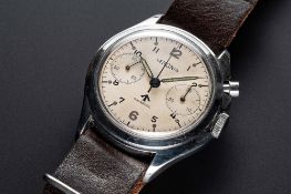 A VERY RARE GENTLEMAN'S STAINLESS STEEL MILITARY LEMANIA ROYAL NAVY SINGLE BUTTON CHRONOGRAPH