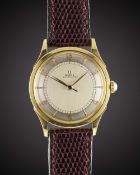 A FINE GENTLEMAN'S 18K SOLID GOLD OMEGA AUTOMATIC WRIST WATCH CIRCA 1947, WITH TWO TONE SILVER