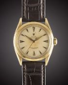 A GENTLEMAN'S 18K SOLID YELLOW GOLD ROLEX OYSTER PERPETUAL WRIST WATCH CIRCA 1952, REF. 6084 WITH "