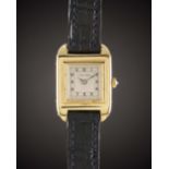 AN 18K SOLID GOLD CARTIER SANTOS WRIST WATCH CIRCA PRE 1920, WITH REPLACEMENT CARTIER MOVEMENT