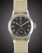 A GENTLEMAN'S STAINLESS STEEL BRITISH MILITARY OMEGA W.W.W. WRIST WATCH CIRCA 1940s, PART OF THE "