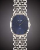 A RARE GENTLEMAN'S 18K SOLID WHITE GOLD PATEK PHILIPPE ELLIPSE BRACELET WATCH CIRCA 1980s, REF. 3848