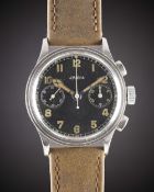 A RARE GENTLEMAN'S LARGE SIZE STAINLESS STEEL LEMANIA 15TL CHRONOGRAPH WRIST WATCH CIRCA 1940,