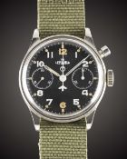 A GENTLEMAN'S STAINLESS STEEL BRITISH MILITARY LEMANIA ROYAL NAVY SINGLE BUTTON PILOTS CHRONOGRAPH