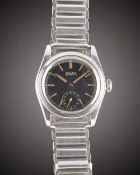 A RARE GENTLEMAN'S STAINLESS STEEL ROLEX OYSTER BRACELET WATCH CIRCA 1940, BLACK DIAL WITH