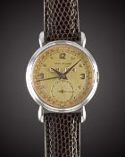 A GENTLEMAN'S STAINLESS STEEL JAEGER LECOULTRE TRIPLE CALENDAR WRIST WATCH CIRCA 1940s, WITH ROSE
