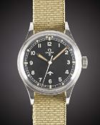 A GENTLEMAN'S STAINLESS STEEL BRITISH MILITARY OMEGA RAF PILOTS WRIST WATCH DATED 1953, REF. 2777-