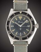 A RARE GENTLEMAN'S STAINLESS STEEL BRITISH MILITARY PRECISTA ROYAL NAVY DIVERS WRIST WATCH DATED