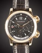 A GENTLEMAN'S 18K SOLID ROSE GOLD JAEGER LECOULTRE GEOGRAPHIC MASTER COMPRESSOR WORLD TIME POWER