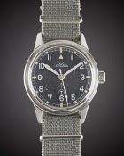 A RARE GENTLEMAN'S STAINLESS STEEL BRITISH MILITARY ROYAL NAVY LEMANIA WRIST WATCH DATED 1965,