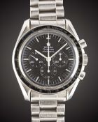 A RARE GENTLEMAN'S STAINLESS STEEL OMEGA SPEEDMASTER PROFESSIONAL CHRONOGRAPH BRACELET WATCH CIRCA