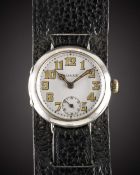 A GENTLEMAN'S SOLID SILVER ROLEX OFFICERS WRIST WATCH CIRCA 1916, WITH ENAMEL DIAL & CATHEDRAL HANDS