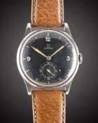 A GENTLEMAN'S LARGE SIZE STAINLESS STEEL OMEGA WRIST WATCH CIRCA 1930s, WITH BLACK "SECTOR" DIAL