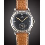 A GENTLEMAN'S LARGE SIZE STAINLESS STEEL OMEGA WRIST WATCH CIRCA 1930s, WITH BLACK "SECTOR" DIAL