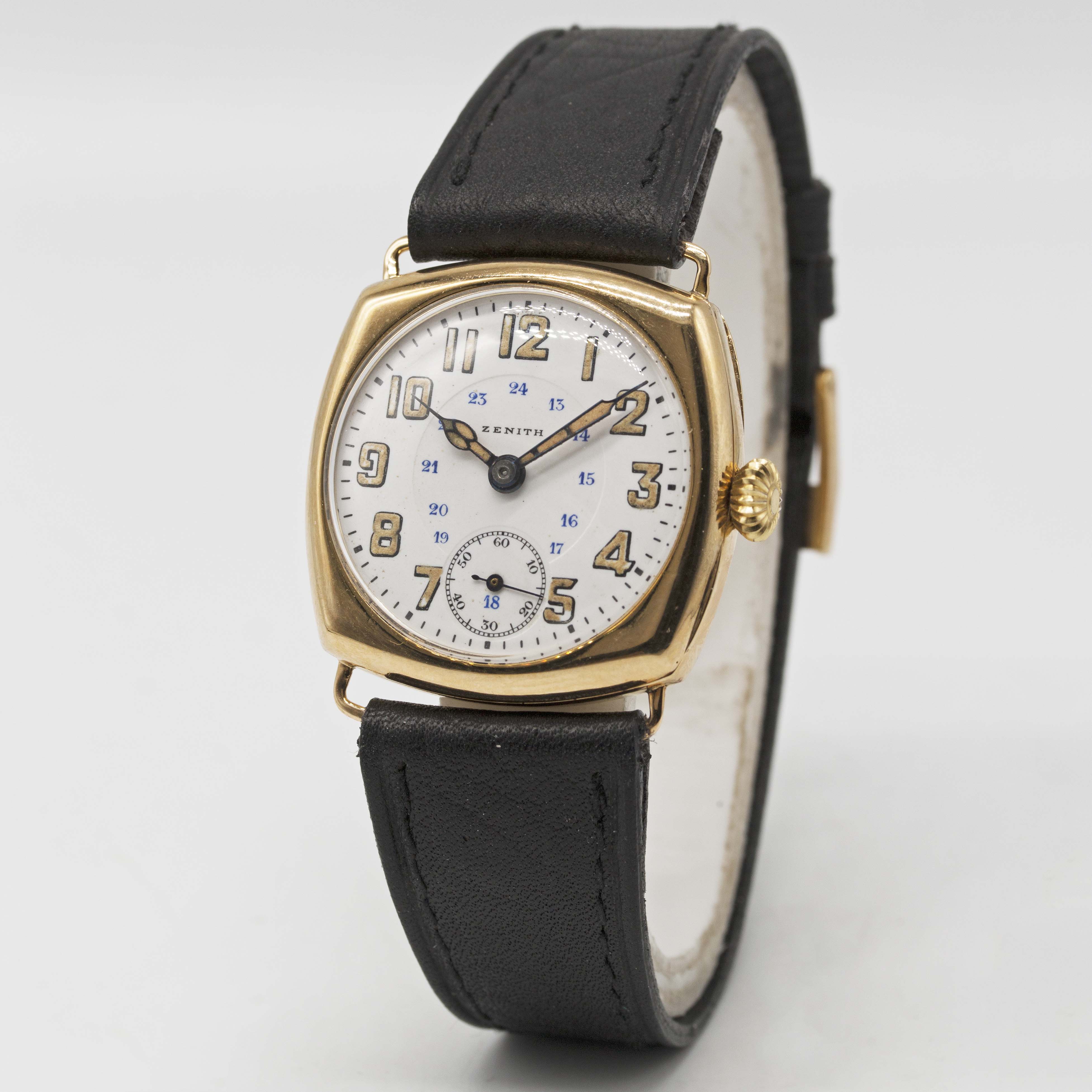 A GENTLEMAN'S 18K SOLID GOLD ZENITH "CUSHION" WRIST WATCH CIRCA 1920, WITH 24 HOUR PORCELAIN - Image 2 of 5