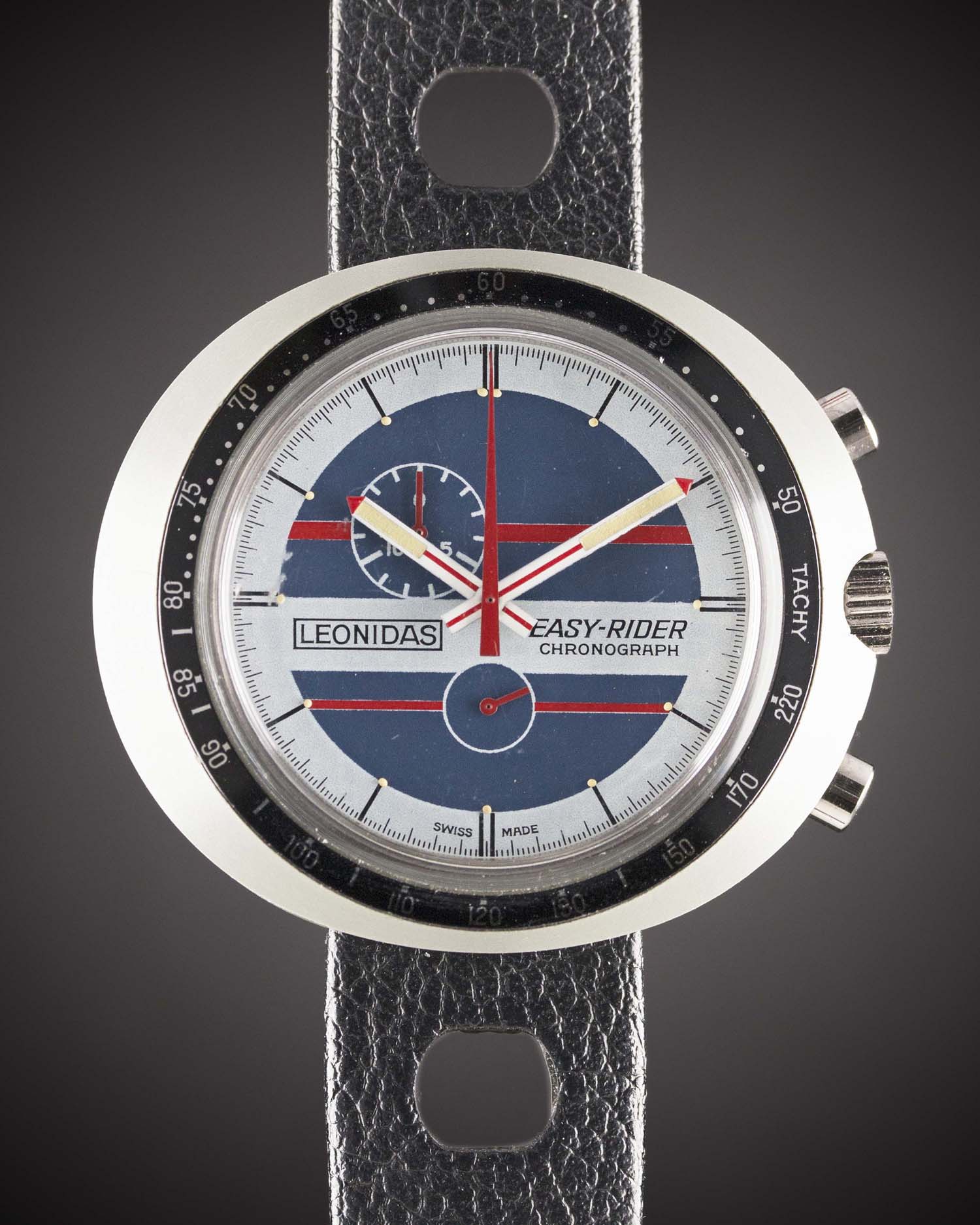 A GENTLEMAN'S RESIN CASED LEONIDAS EASY RIDER CHRONOGRAPH WRIST WATCH CIRCA 1970s Movement: Manual