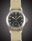 A GENTLEMAN'S STAINLESS STEEL BRITISH MILITARY OMEGA W.W.W. WRIST WATCH CIRCA 1940s, PART OF THE "