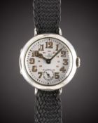 A GENTLEMAN'S SOLID SILVER OMEGA "OFFICERS" WRIST WATCH CIRCA 1918, WITH 24 HOUR PORCELAIN DIAL &