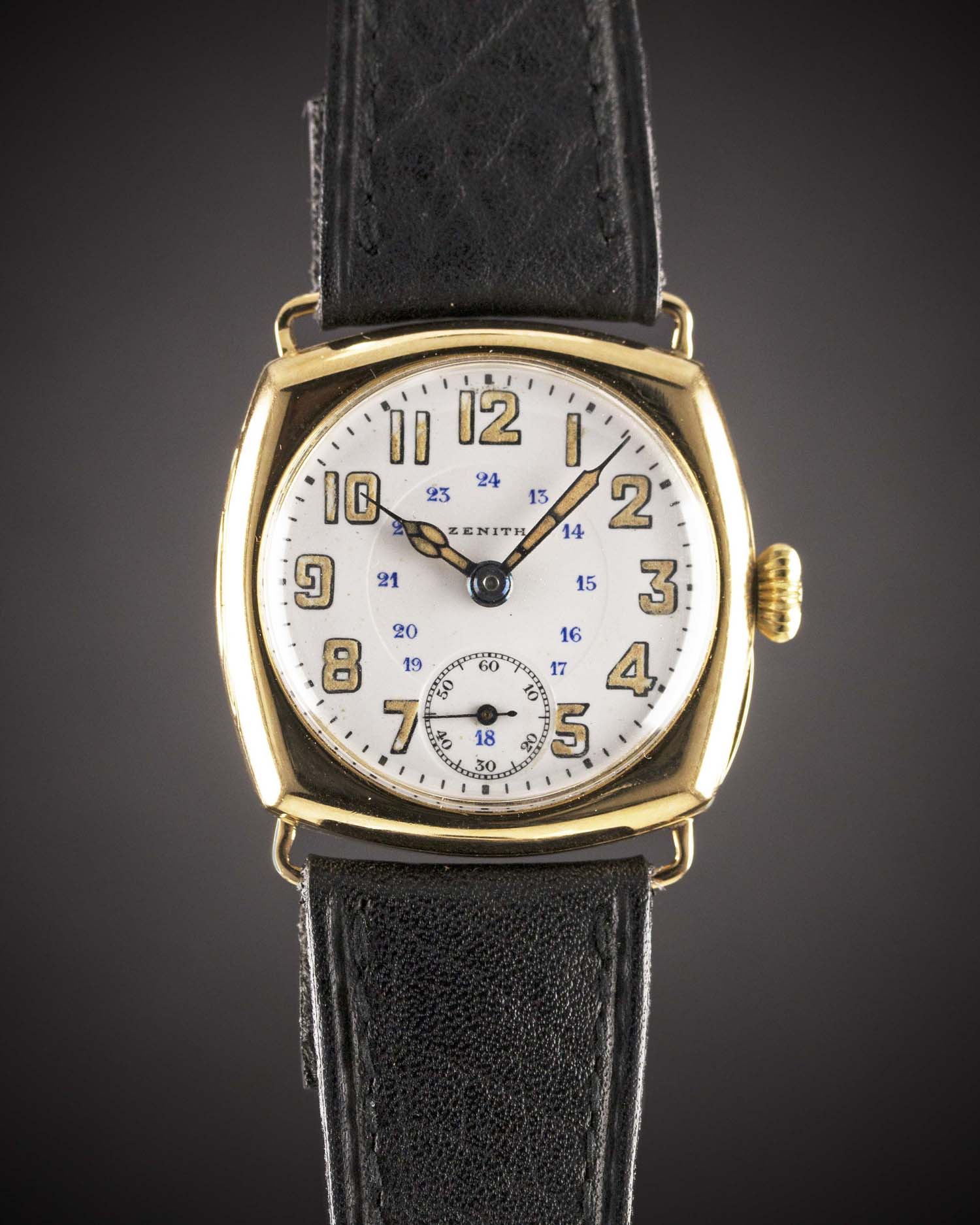 A GENTLEMAN'S 18K SOLID GOLD ZENITH "CUSHION" WRIST WATCH CIRCA 1920, WITH 24 HOUR PORCELAIN