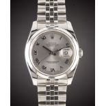 A GENTLEMAN'S STAINLESS STEEL ROLEX OYSTER PERPETUAL DATEJUST BRACELET WATCH DATED 2010, REF. 116200