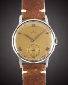 A GENTLEMAN'S LARGE SIZE STAINLESS STEEL OMEGA WRIST WATCH CIRCA 1940 Movement: 15J, manual wind,