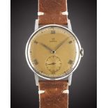 A GENTLEMAN'S LARGE SIZE STAINLESS STEEL OMEGA WRIST WATCH CIRCA 1940 Movement: 15J, manual wind,