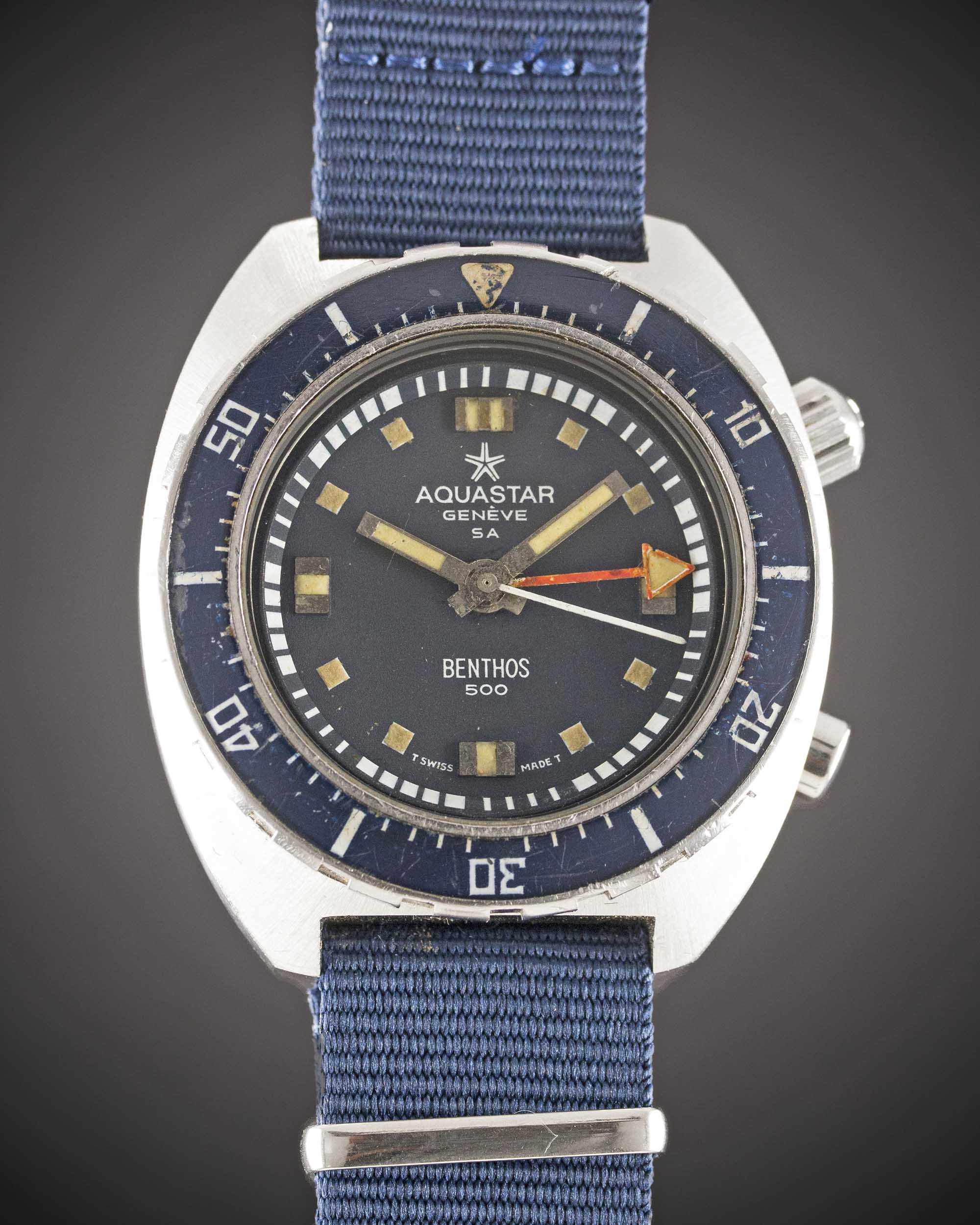 A GENTLEMAN'S STAINLESS STEEL AQUASTAR BENTHOS 500 DIVERS TIMER WRIST WATCH CIRCA 1970, REF. 1002