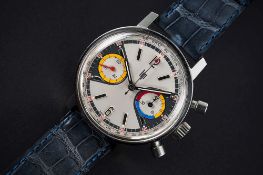 A RARE GENTLEMAN'S STAINLESS STEEL LIP CHRONOGRAPH WRIST WATCH CIRCA 1970, WITH "EXOTIC"  DIAL