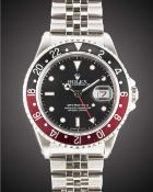 A GENTLEMAN'S STAINLESS STEEL ROLEX OYSTER PERPETUAL DATE GMT MASTER II "COKE" BRACELET WATCH