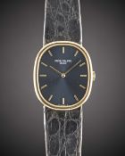 A GENTLEMAN'S 18K SOLID GOLD PATEK PHILIPPE ELLIPSE WRIST WATCH CIRCA 1980s, REF. 3848 WITH BLUE