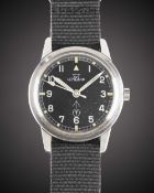 A RARE GENTLEMAN'S STAINLESS STEEL BRITISH MILITARY ROYAL NAVY LEMANIA WRIST WATCH DATED 1965,